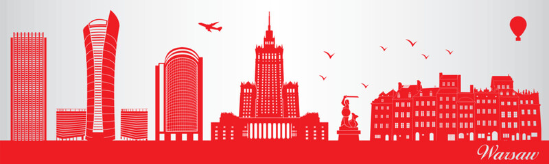 Warsaw city skyline silhouette - illustration, 
Town in white background, 
Warsaw Poland - obrazy, fototapety, plakaty