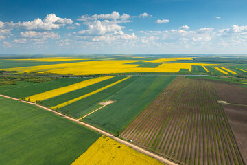 Aerial view with the amazing geometry texture landscape of a lot of agriculture fields with...