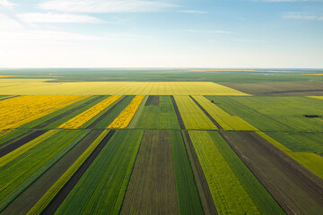 Aerial view with the amazing geometry texture landscape of a lot of agriculture fields with...