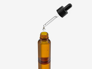 30 ml. Skincare or cosmetic container, clear shiny brown glass bottle, cover opened, serum or liquid dropping into the bottle. Full body Shot.

