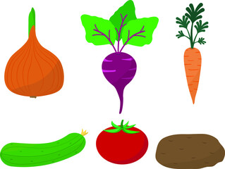 Set of colorful hand drawn fresh delicious vegetables isolated on white background