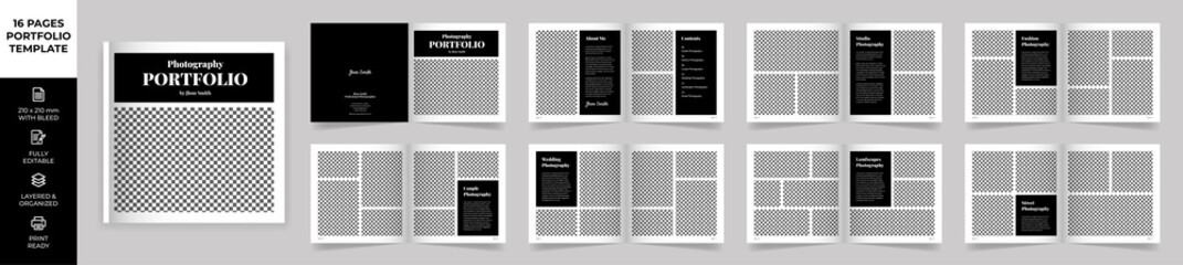 Square Multipurpose Modern Portfolio Design Template, Black Portfolio Brochure Layout, Photography Portfolio Editorial Template, Minimal Magazine Design, Fashion and Look Book Portfolio, Photo Book