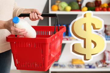 Woman buying milk in supermarket. Food price increase