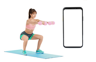 Fototapeta premium Sporty young woman training with dumbbells on white background