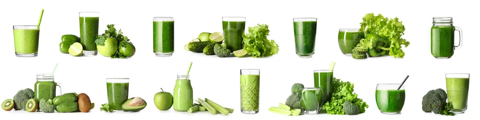 Zelfklevend Fotobehang Set of healthy green juices on white background © Pixel-Shot