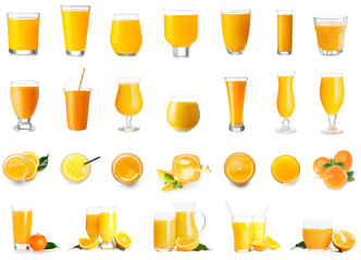 Many glassware of fresh orange juice isolated on white