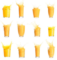 Many glasses of fresh juice with splashes isolated on white