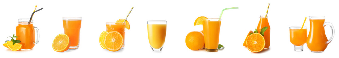 Many glassware of fresh orange juice isolated on white