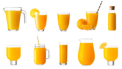 Many glassware of tasty orange juice isolated on white