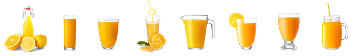 Many glassware of fresh orange juice isolated on white