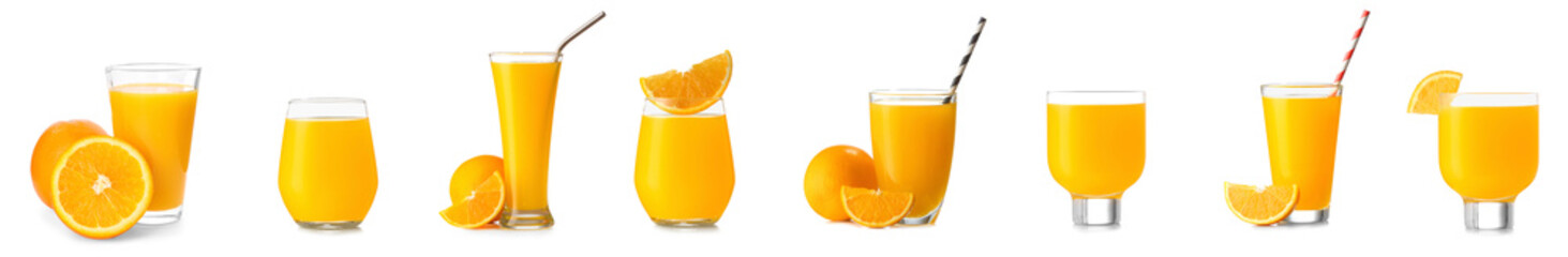 Many glassware of fresh orange juice on white background