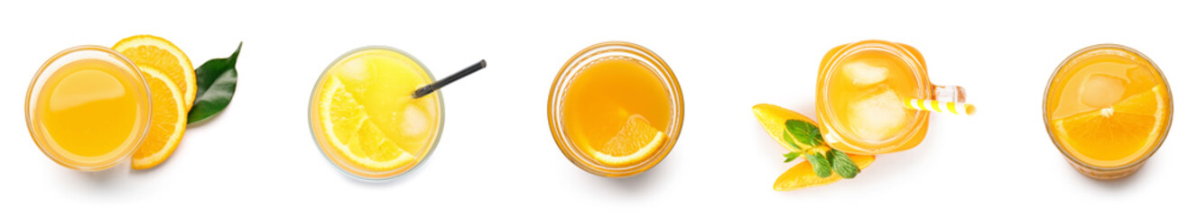 Many glassware of fresh orange juice on white background, top view