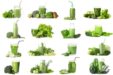 Set of healthy green juices on white background