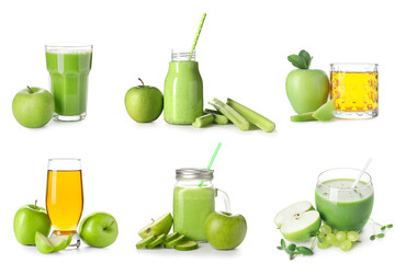 Set of healthy juices on white background
