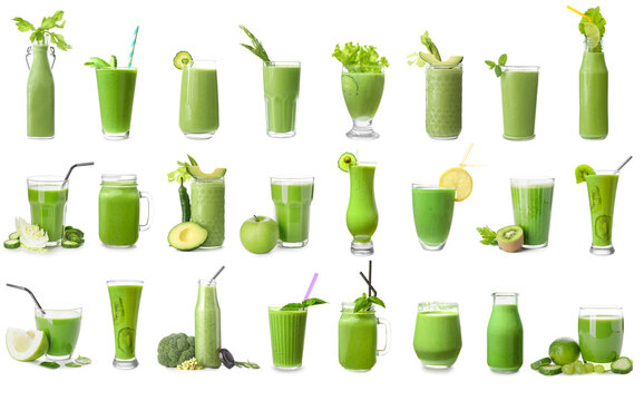 Set Of Healthy Green Juices On White Background