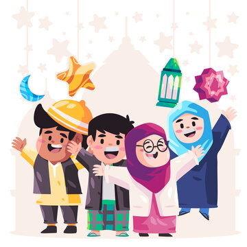 Kids children greetings Ramadhan happy Ied mubarak standing smile illustration of group together colorful hand drawing
