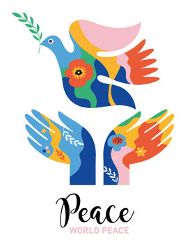 Hands releasing Peace Pigeon, symbol of peace illustration