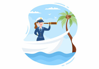 Woman Cruise Ship Captain Cartoon Illustration in Sailor Uniform Riding a Ships, Looking with Binoculars or Standing on the Harbor in Flat Design