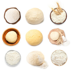 Set of wheat flour and fresh dough on white background, top view