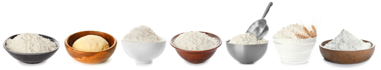 Bowls of wheat flour and fresh dough on white background