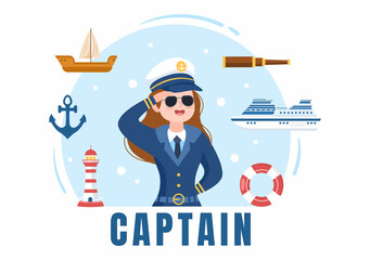 Woman Cruise Ship Captain Cartoon Illustration in Sailor Uniform Riding a Ships, Looking with Binoculars or Standing on the Harbor in Flat Design - obrazy, fototapety, plakaty