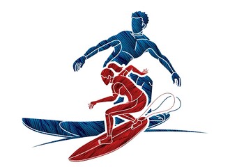 Group of Surfer Action People Surfing Sport Players Cartoon Graphic Vector