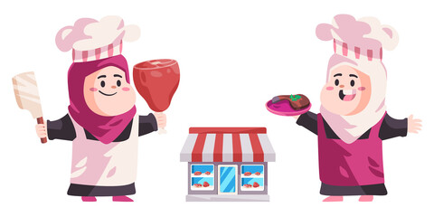 Woman hijab cooking muslim chef hat butcher meat red meat store