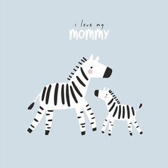 Cute cartoon Bohemian nursery print. Vector print for wall decor in children's bedroom. Cute characters - zebra mom and baby © NadezdaBarkova