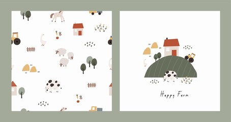 Cute Farm pets colorful collection. Hand drawn vector domestic animals set. Boho seamless pattern with three, house, horse, goose, cow, sheep, tractor, cars, vegetables. Village landscape - obrazy, fototapety, plakaty