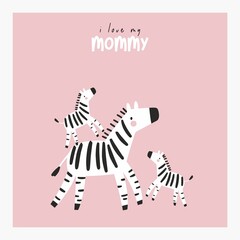 Cute cartoon Bohemian nursery print. Vector print for wall decor in children's bedroom. Cute characters - zebra mom and baby © NadezdaBarkova