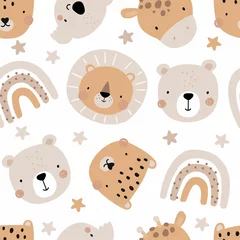  Cute cartoon Bohemian nursery print. Vector safari print for wall decor in children's bedroom. Cute African animals characters - koala, giraffe, lion, leopard, bear - seamless pattern © webmuza