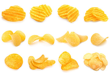 Different tasty potato chips on white background