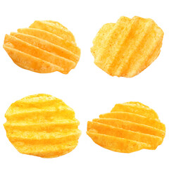 Flying tasty potato chips on white background