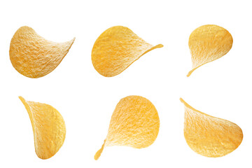 Flying tasty potato chips on white background