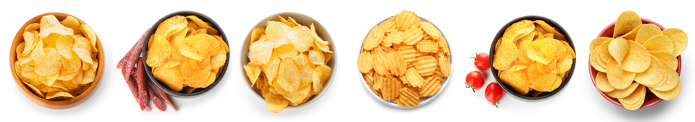 Bowl with different tasty potato chips on white background, top view