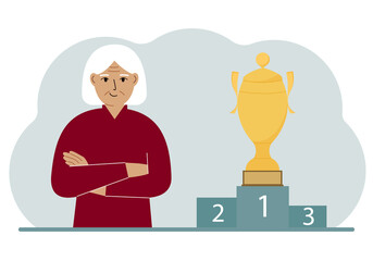 A old woman next to the pedestal on which the cup for victory and first place.