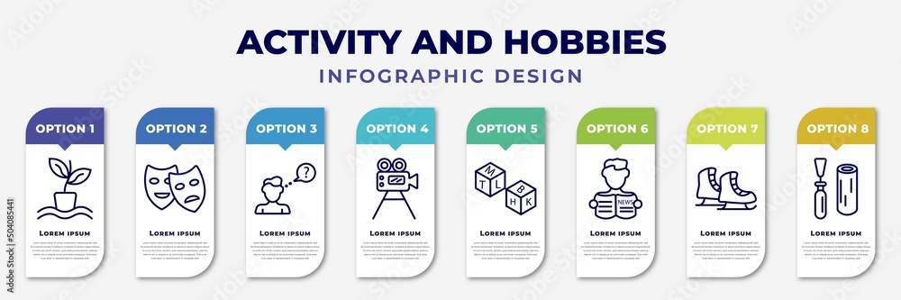 Poster infographic template with icons and 8 options or steps. infographic for activity and hobbies concept