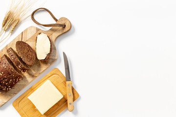 Home baked bread with butter. Healthy breakfast, top view