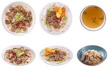 Isolated kazakh national dish beshbarmak collage
