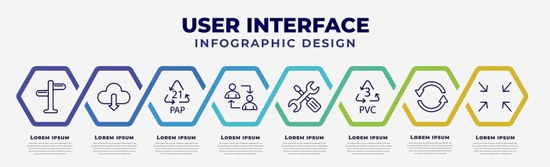 vector infographic design template with icons and 8 options or steps. infographic for user interface concept. included crossroads, download data, 21 pap, exchange personel, mechanic tool, 3 pvc, - obrazy, fototapety, plakaty