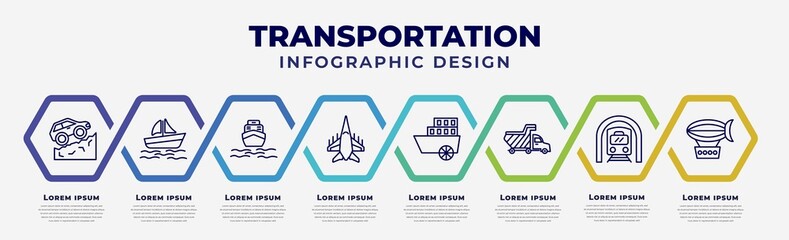 vector infographic design template with icons and 8 options or steps. infographic for transportation concept. included off road, pt boat, boat front view, army airplane, paddlewheeler, haul, train