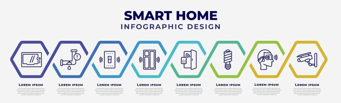 vector infographic design template with icons and 8 options or steps. infographic for smart home concept. included intercom, leak, smart switch, windows, access, illumination, virtual reality,