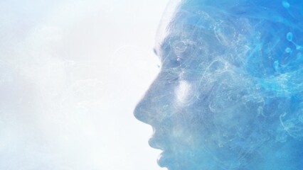 Spiritual aura. Inner peace. Enlightenment mindfulness. Double exposure closeup profile silhouette...