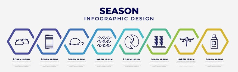 vector infographic design template with icons and 8 options or steps. infographic for season concept. included bush, beach towel, baseball cap, tide, cyclone, crops, dragonfly, sun protection. - obrazy, fototapety, plakaty