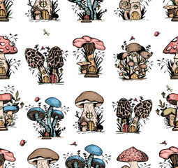mushroom houses vector seamless pattern. fantastic mushrooms vector doodles coloring book
