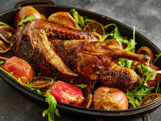 Delicious roast duck with orange and apples roasted in the oven
