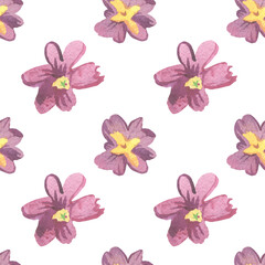 Watercolor seamless pattern with pink and purple primrose.Festive,Botanical,Floral hand painted print.Designs for wrapping paper, packaging, cards,notepad covers,textiles,fabric,scrapbooking paper.