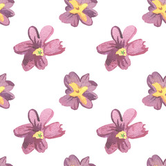 Fototapeta premium Watercolor seamless pattern with pink and purple primrose.Festive,Botanical,Floral hand painted print.Designs for wrapping paper, packaging, cards,notepad covers,textiles,fabric,scrapbooking paper.