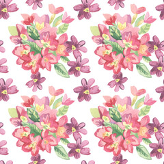 Watercolor seamless pattern with pink and purple primrose.Festive,Botanical,Floral hand painted print.Designs for wrapping paper, packaging, cards,notepad covers,textiles,fabric,scrapbooking paper.