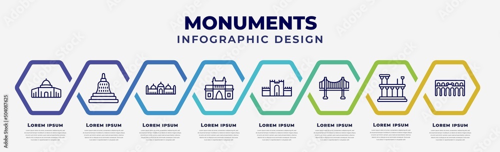 Poster vector infographic design template with icons and 8 options or steps. infographic for monuments conc